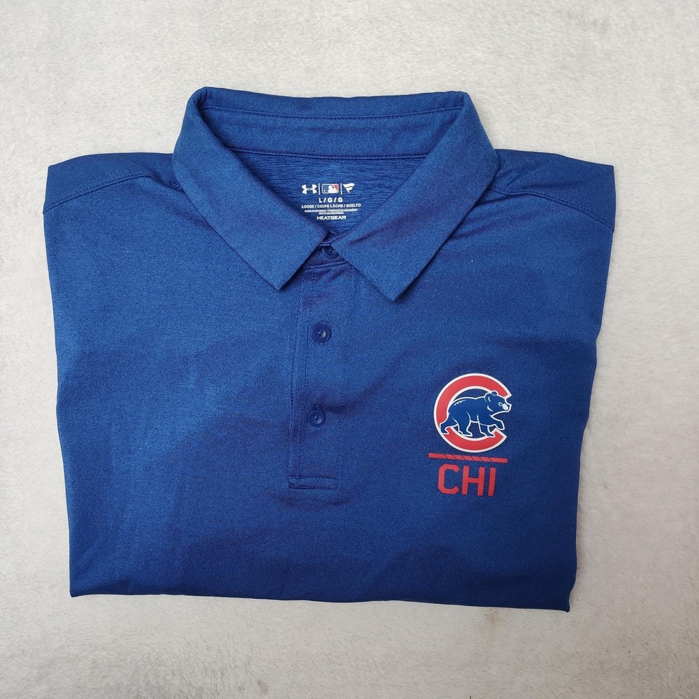 Chicago Cubs Shirt Mens Large Blue MLB Baseball Under Armour HeatGear Polo